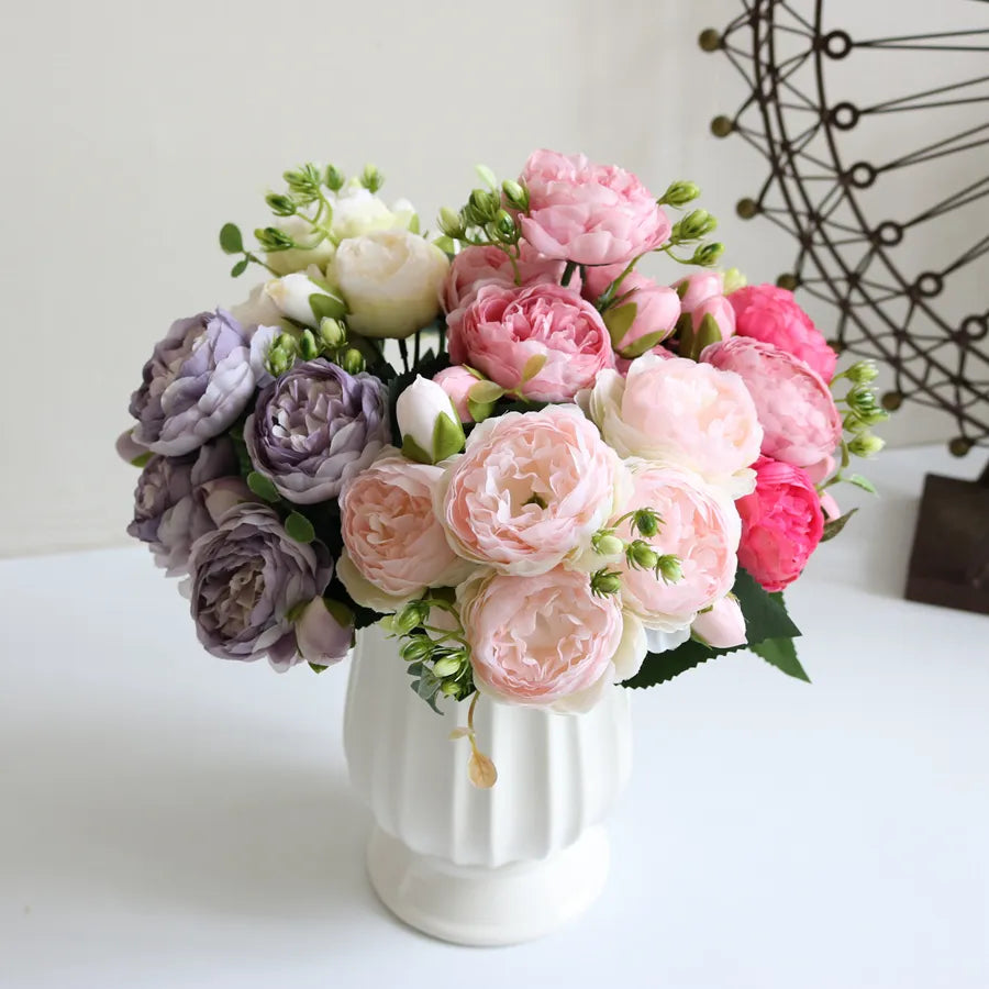 Artificial Flowers Bouquet Silk Rose Vase for Home Decor Garden Wedding Decorative Fake Plants