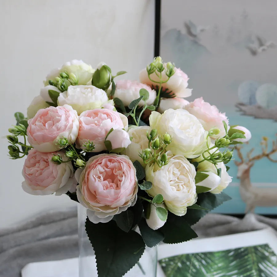 Artificial Flowers Bouquet Silk Rose Vase for Home Decor Garden Wedding Decorative 