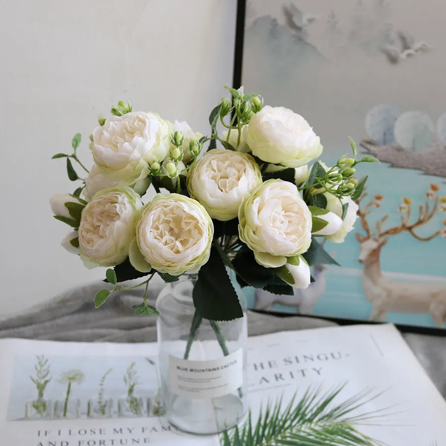 High Quality Realistic Artificial Flowers Bouquet Silk Rose Vase for Home Decor Garden Wedding Decorative Fake Plants
