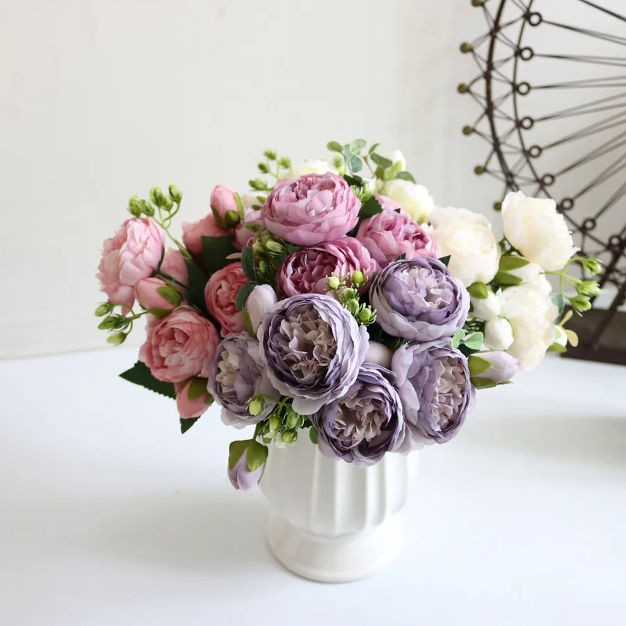 High Quality Realistic Artificial Flowers Bouquet Silk Rose Vase for Home Decor Garden Wedding Decorative Fake Plants