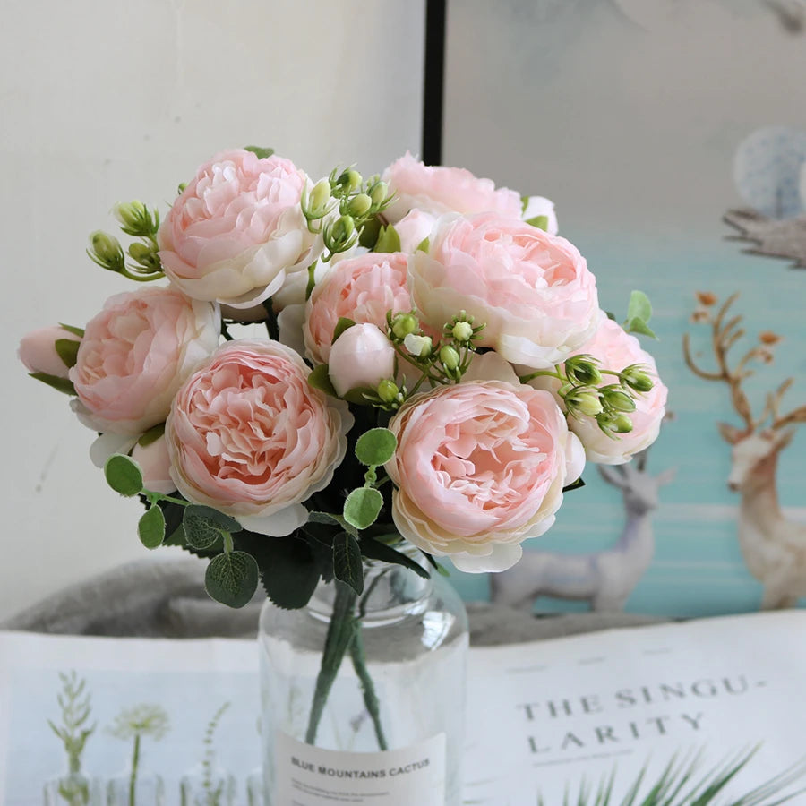 Artificial Flowers Bouquet Silk Rose Vase for Home Decor Garden Wedding Decorative Fake 