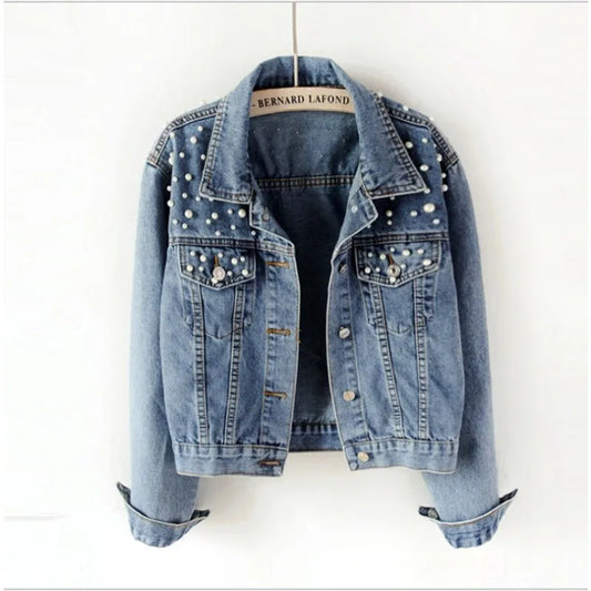 Latest Women's Short Denim Jacket Beaded Pearl Jacket Loose Spring and Autumn