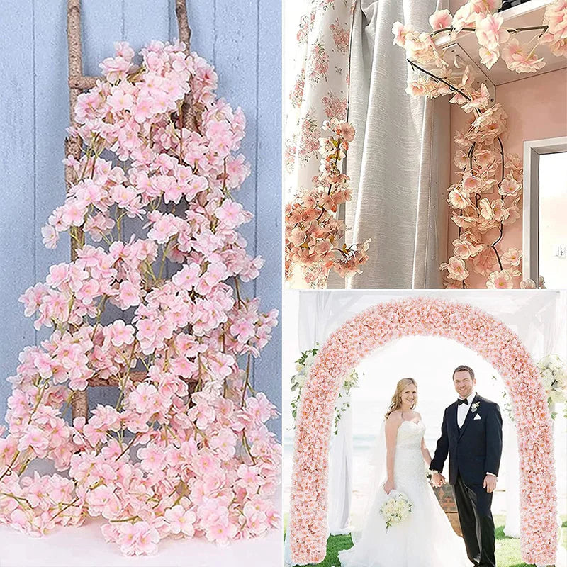 Cherry Blossom Sakura Artificial Flowers 180cm Garland Wedding Arch Garden Backdrop Home Party Decoration Silk Fake Plants Vine