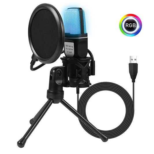 Podcast Microphone Plug & Play USB RGB Led Colour Changing Wired Gaming Mic for Recording Studio Streaming Laptop Desktop PC