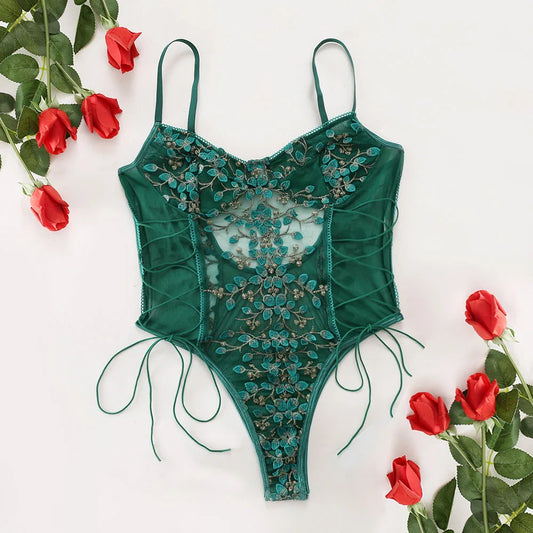New Fashion Yimunancy Floral Embroidery Lace Bodysuit Women 15 Colors String Lace Up Fancy Sexy Bodysuit Body Femme